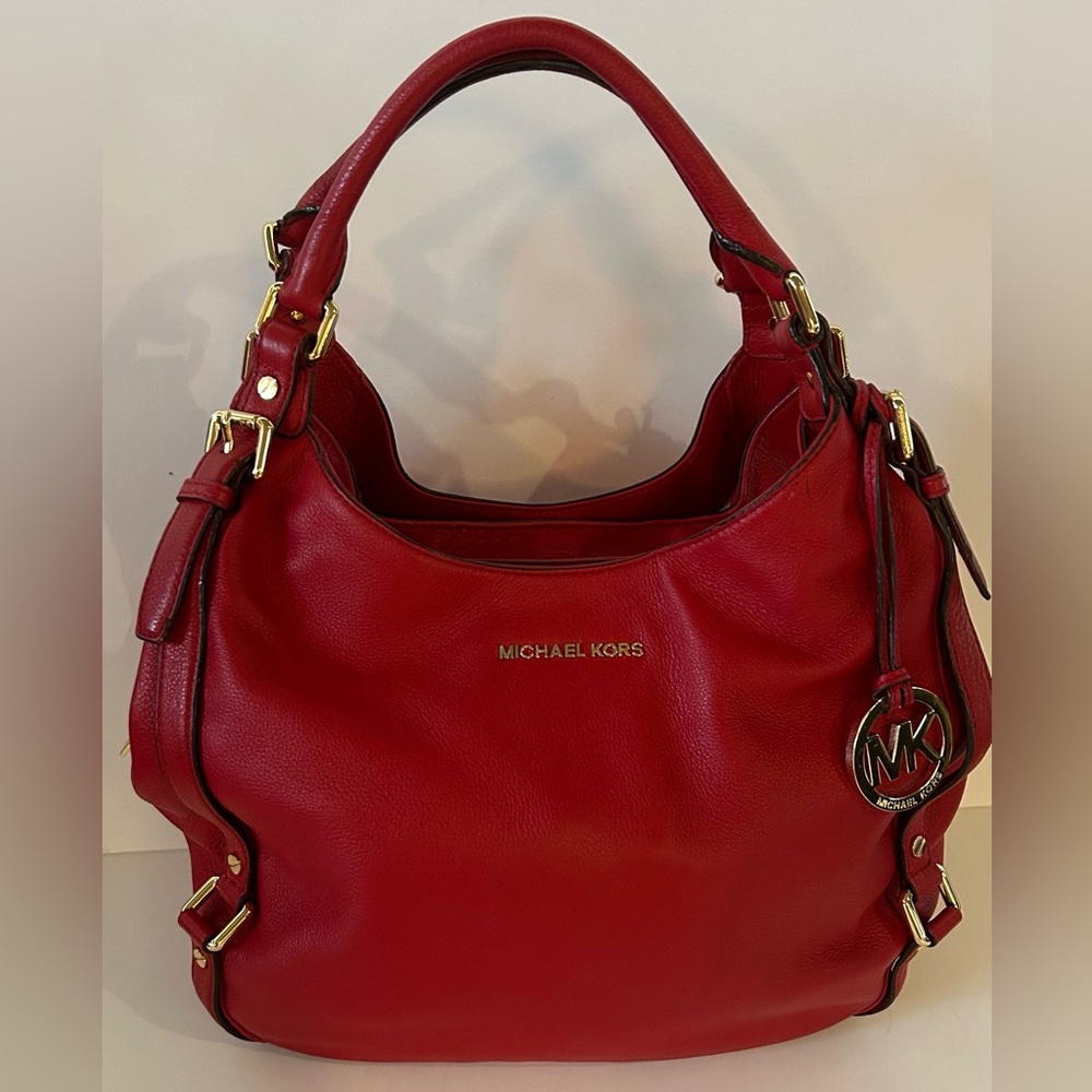 Michael Kors Red Pebble Leather Bedford Satchel Shoulder Bag
